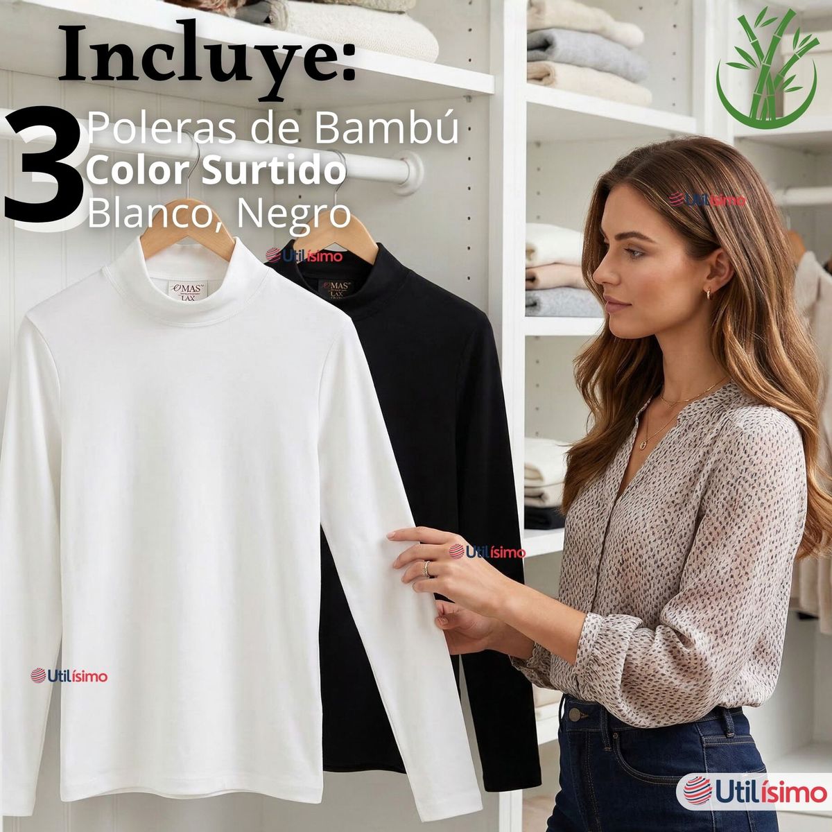 UTILISIMO - Pack 3 Camisetas Poleras Bambú Primera Capa Cuello Beatle Manga Larga Blanco Negro Mujer