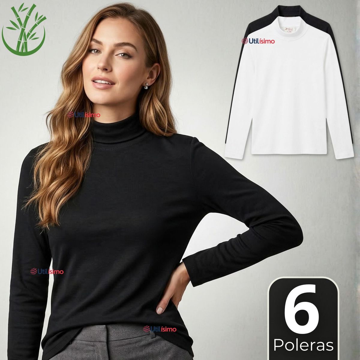 UTILISIMO - Pack 6 Camisetas Poleras Bambú Primera Capa Cuello Beatle Manga Larga Blanco Negro Mujer