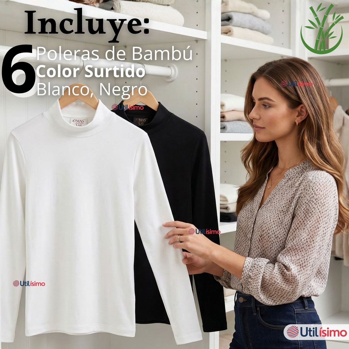 UTILISIMO - Pack 6 Camisetas Poleras Bambú Primera Capa Cuello Beatle Manga Larga Blanco Negro Mujer