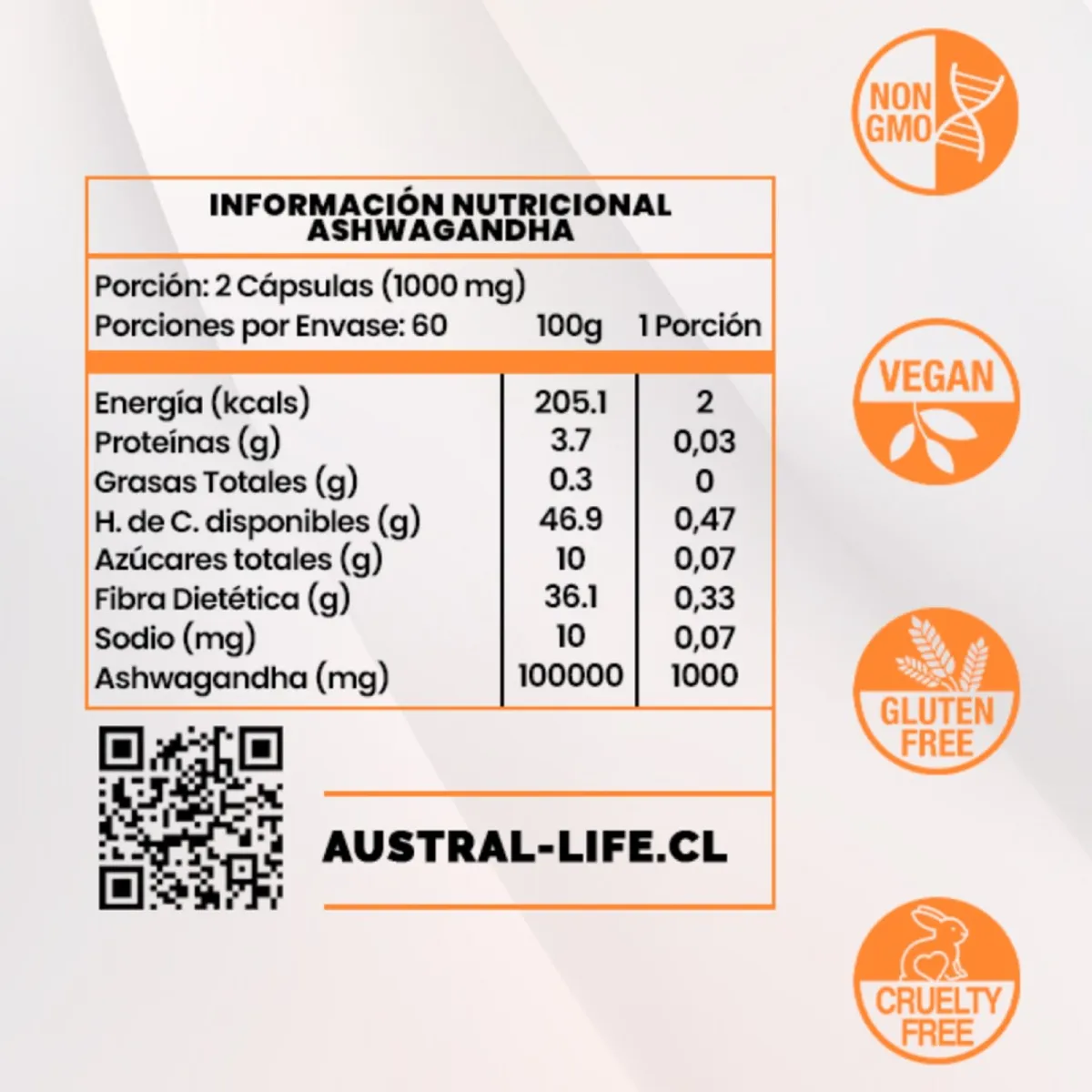AUSTRAL LIFE - Ashwagandha 1000mg - 120 Cápsulas - Austral Life
