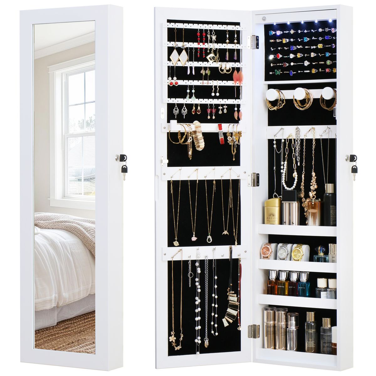 VIDA BUENAS - Espejo Joyero De Pared Organizador Blanco 110cm