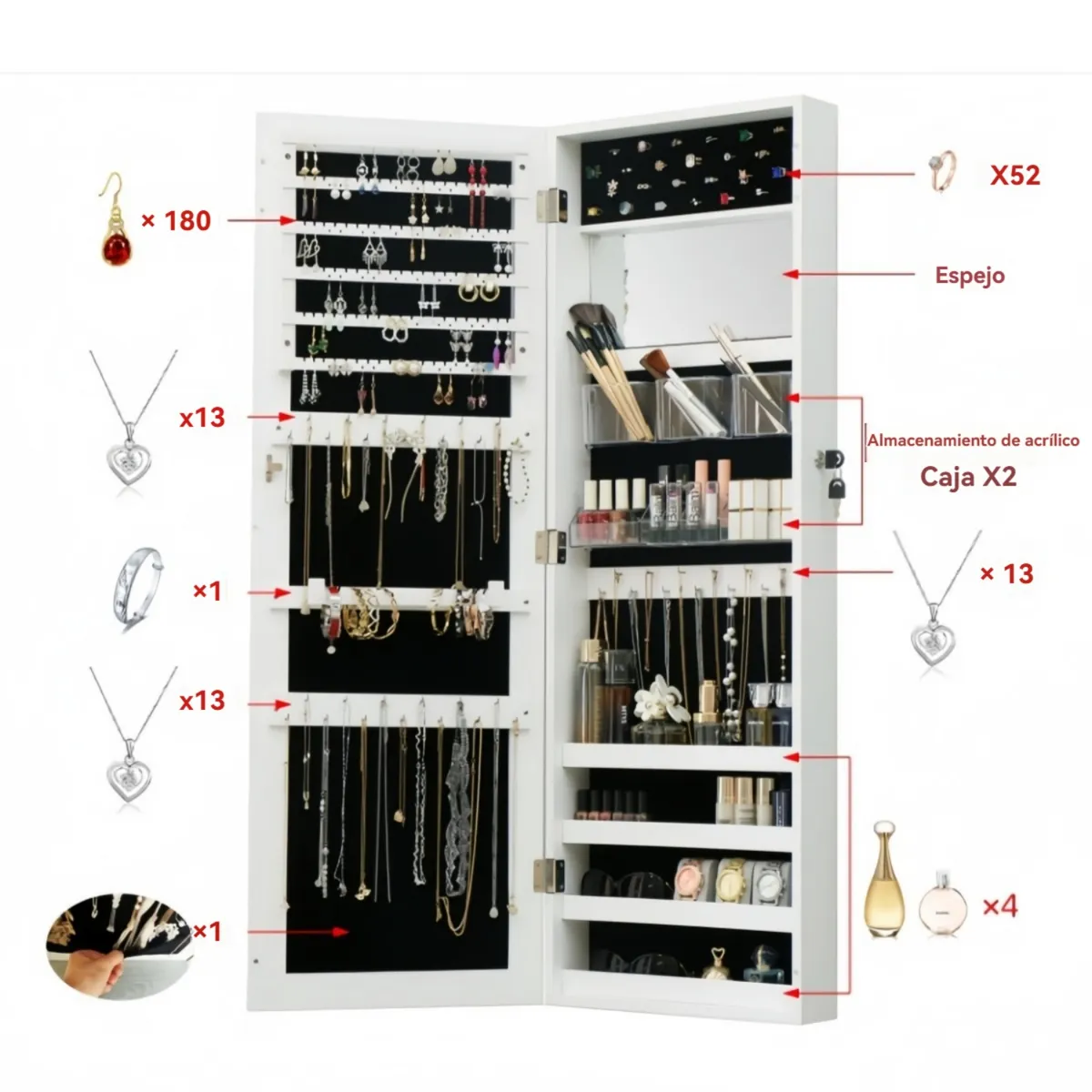 VIDA BUENAS - Espejo Joyero De Pared Organizador Blanco 110cm