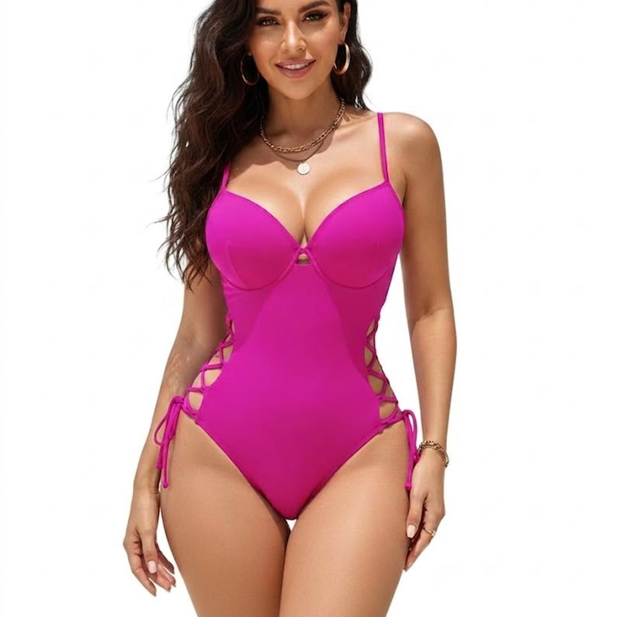 HAMI BOUTIQUE - Traje de Baño Enterito Fucsia con Copas Estructuradas y Cordones Laterales Tejidos