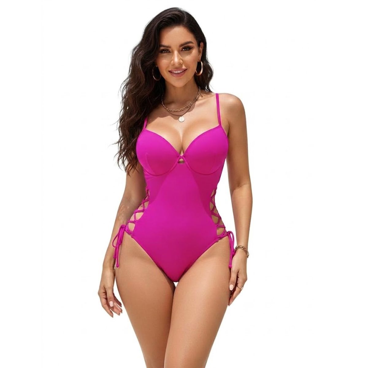 HAMI BOUTIQUE - Traje de Baño Enterito Fucsia con Copas Estructuradas y Cordones Laterales Tejidos