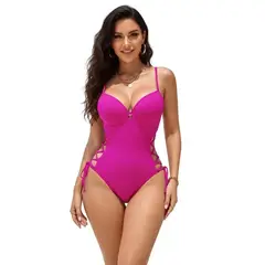 HAMI BOUTIQUE - Traje de Baño Enterito Fucsia con Copas Estructuradas y Cordones Laterales Tejidos