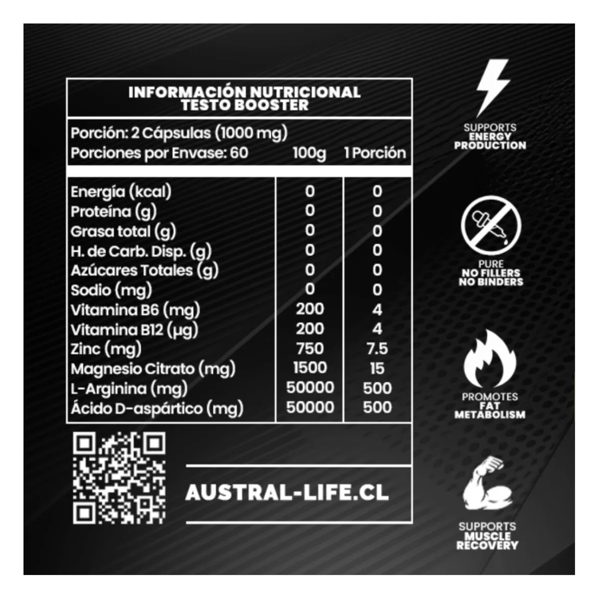 AUSTRAL LIFE - Testo Booster 1000mg - 120 Cápsulas - Austral Life