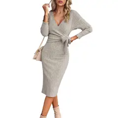 TIOZONEY - Vestido Midi Mujer -Beige