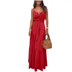 TIOZONEY - Vestido Largo Mujer-Rojo