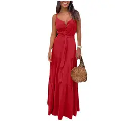 TIOZONEY - Vestido Largo Mujer-Rojo