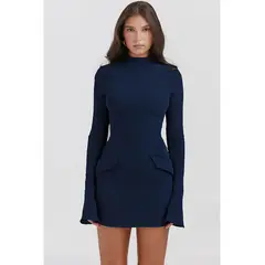TIOZONEY - Vestido Mini manga larga para Mujer- Azul
