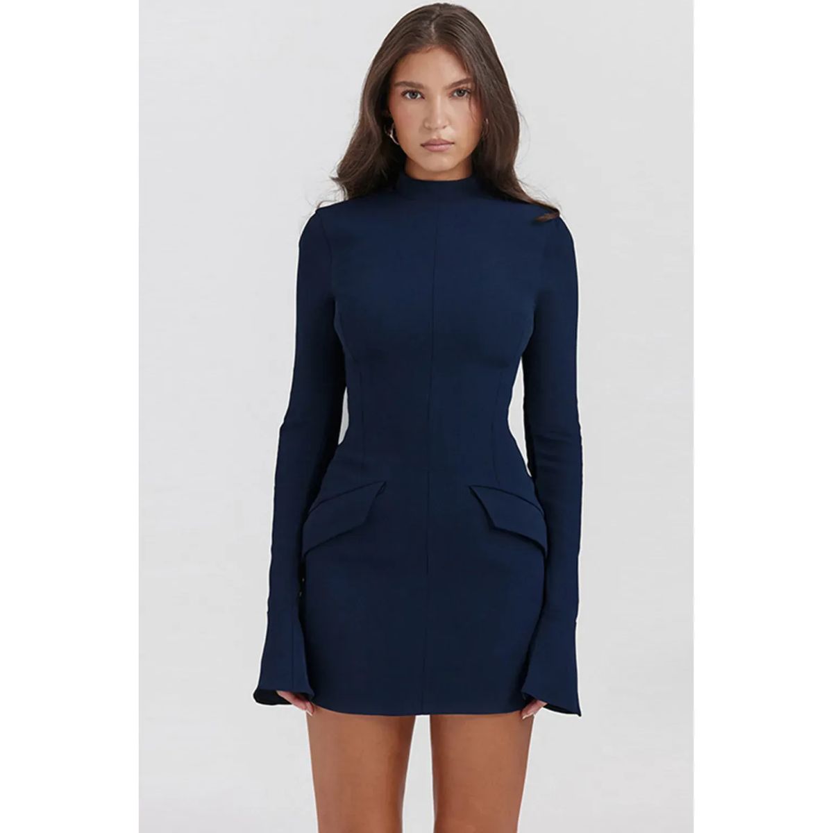 TIOZONEY - Vestido Mini manga larga para Mujer- Azul