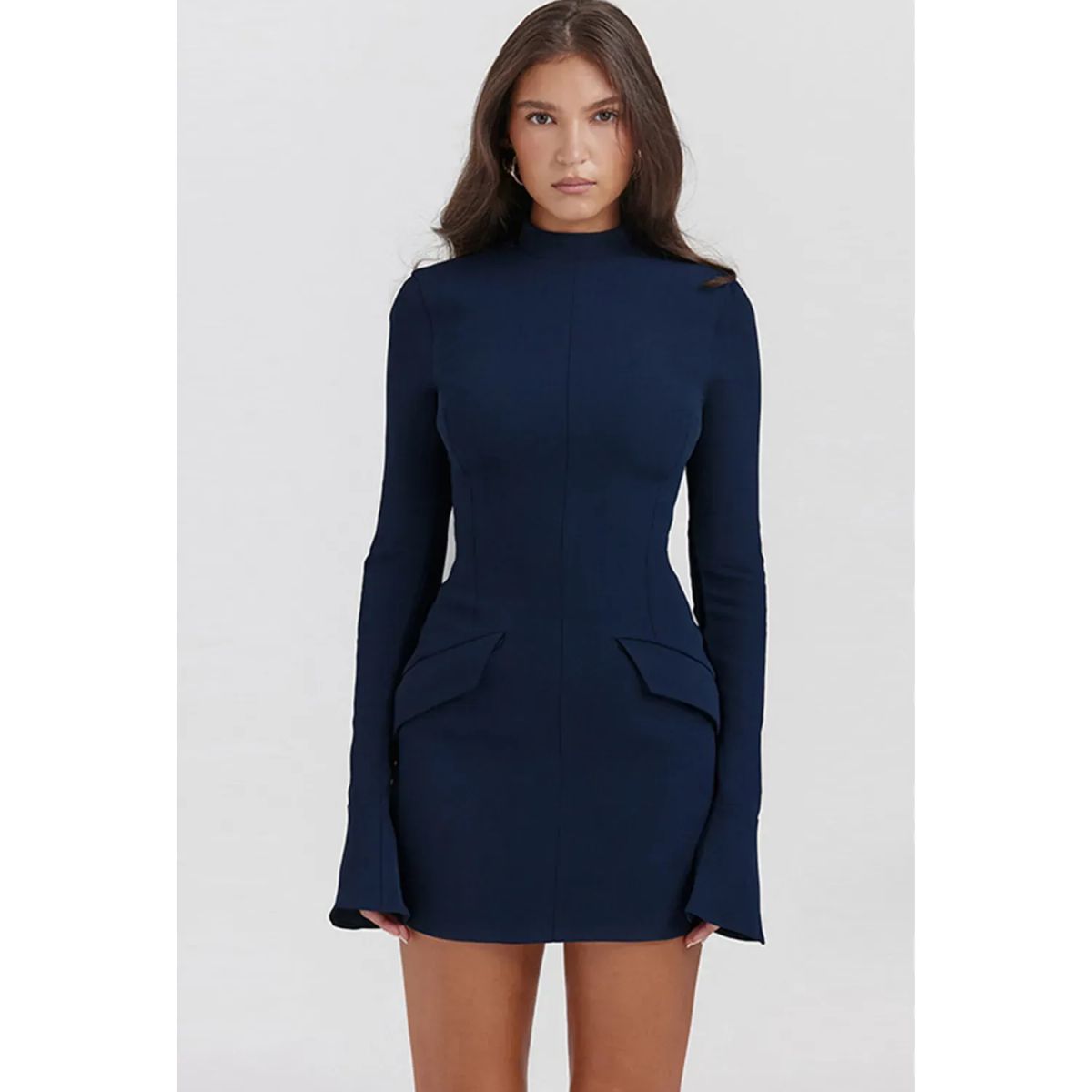 TIOZONEY - Vestido Mini manga larga para Mujer- Azul