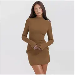 TIOZONEY - Vestido Mini manga larga para Mujer- Café Claro