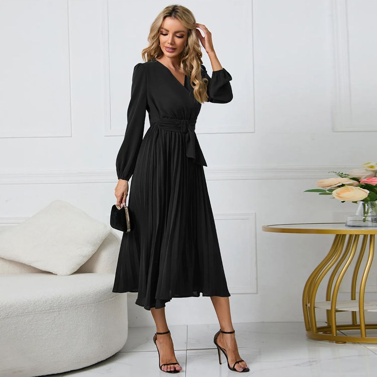 TIOZONEY - Vestido Largo  manga larga Mujer- Negro
