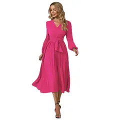 TIOZONEY - Vestido Largo manga larga Mujer- Rosado