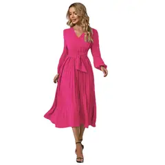 TIOZONEY - Vestido Largo manga larga Mujer- Rosado