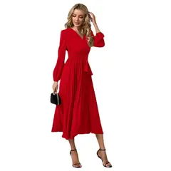 TIOZONEY - Vestido Largo manga larga Mujer - Rojo