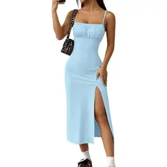 TIOZONEY - Vestido sin mangas con cuello halter - Azul