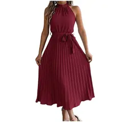 TIOZONEY - Vestido sin mangas con cuello halter-Rojo