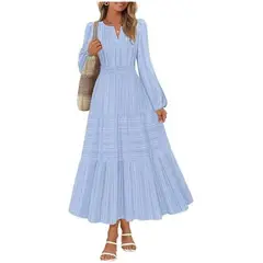 TIOZONEY - Vestido largo de manga larga para mujer-Azul
