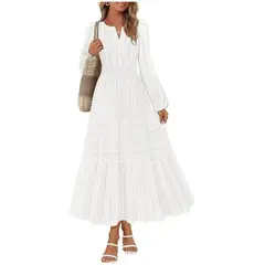 TIOZONEY - Vestido largo de manga larga para mujer-Blanco