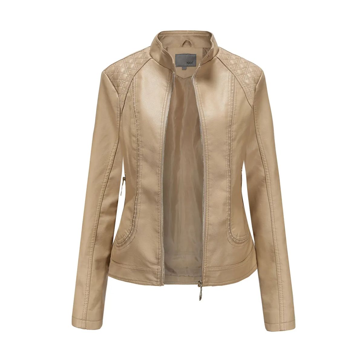 TIOZONEY - Chaqueta de PU casual PU cuello alto - Beige