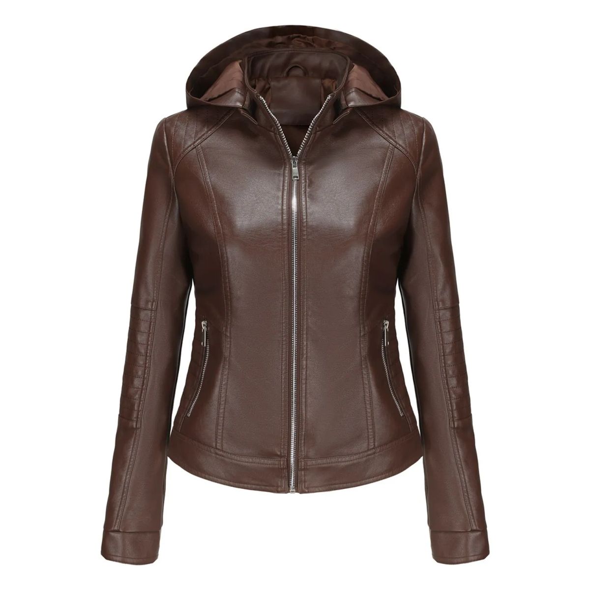 TIOZONEY - Chaqueta de PU con gorro desmontable para mujer - Café