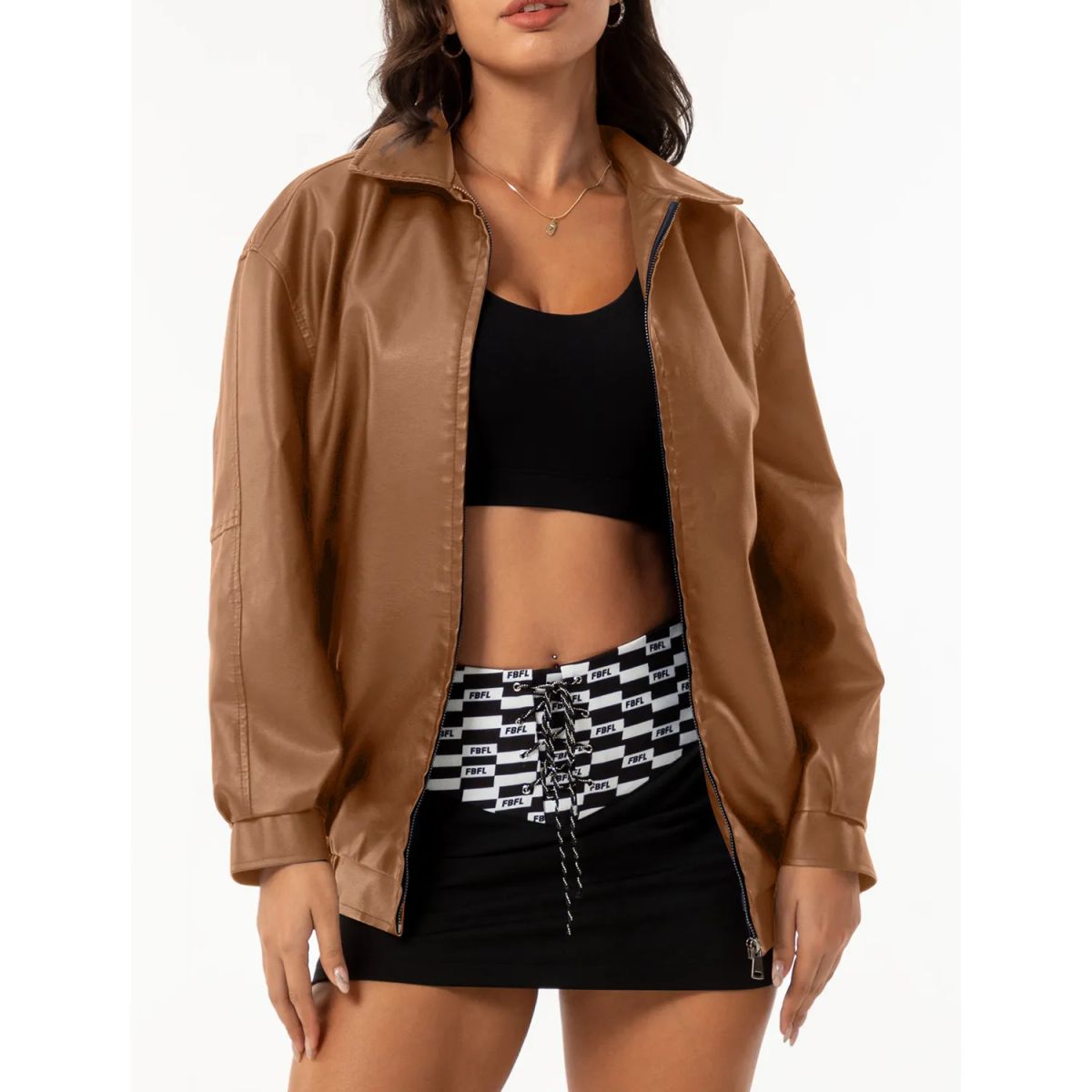 TIOZONEY - Chaqueta de piel con solapa- Marron