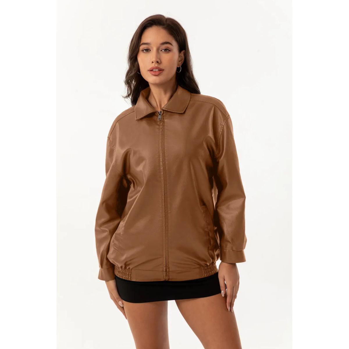 TIOZONEY - Chaqueta de piel con solapa- Marron