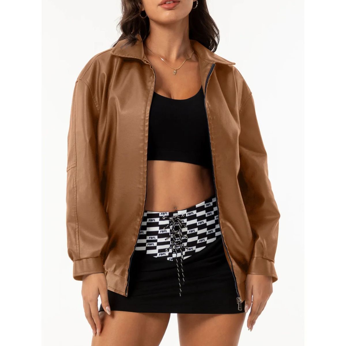 TIOZONEY - Chaqueta de piel con solapa- Marron