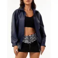 TIOZONEY - Chaqueta de piel con solapa- Azul