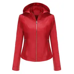 TIOZONEY - Chaqueta de PU con gorro desmontable para mujer - Rojo