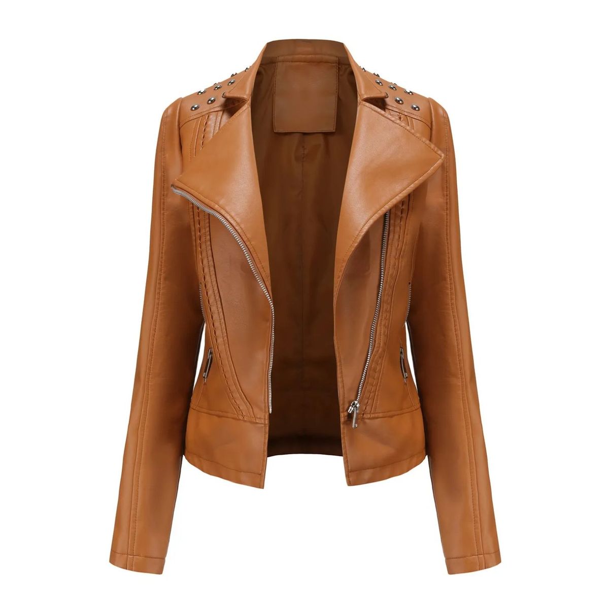 TIOZONEY - Chaqueta de PU para mujer Slim Thin - Café Claro