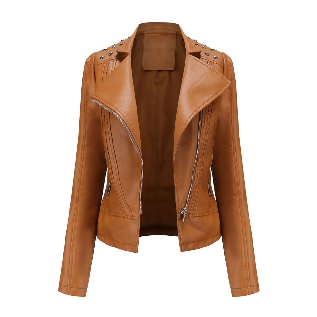 TIOZONEY - Chaqueta de PU para mujer Slim Thin - Café Claro