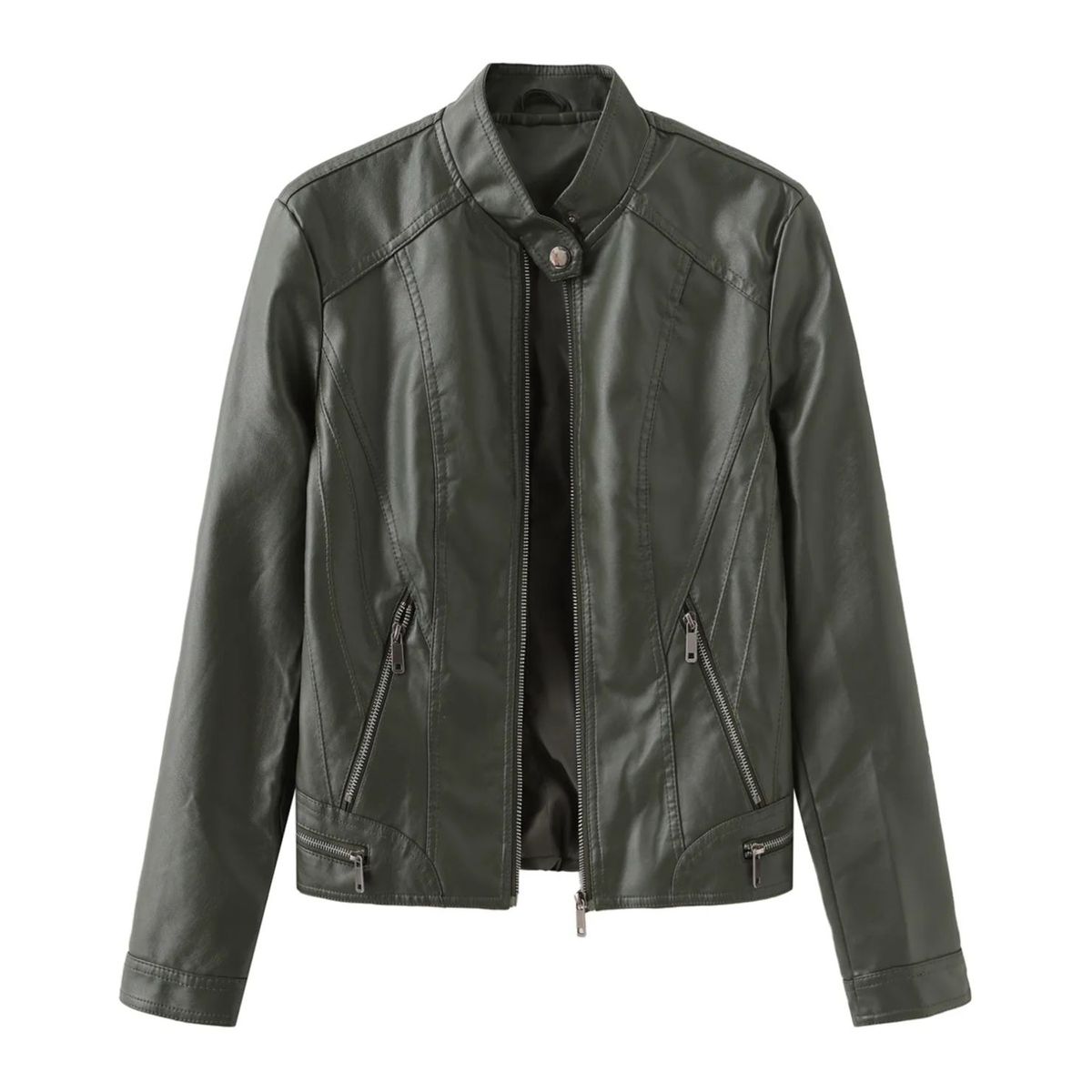 TIOZONEY - Chaqueta de PU con cuello para mujer - Verde
