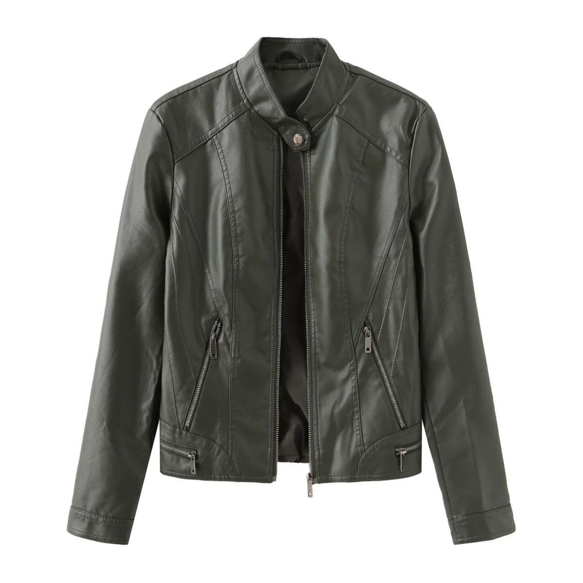 TIOZONEY - Chaqueta de PU con cuello para mujer - Verde