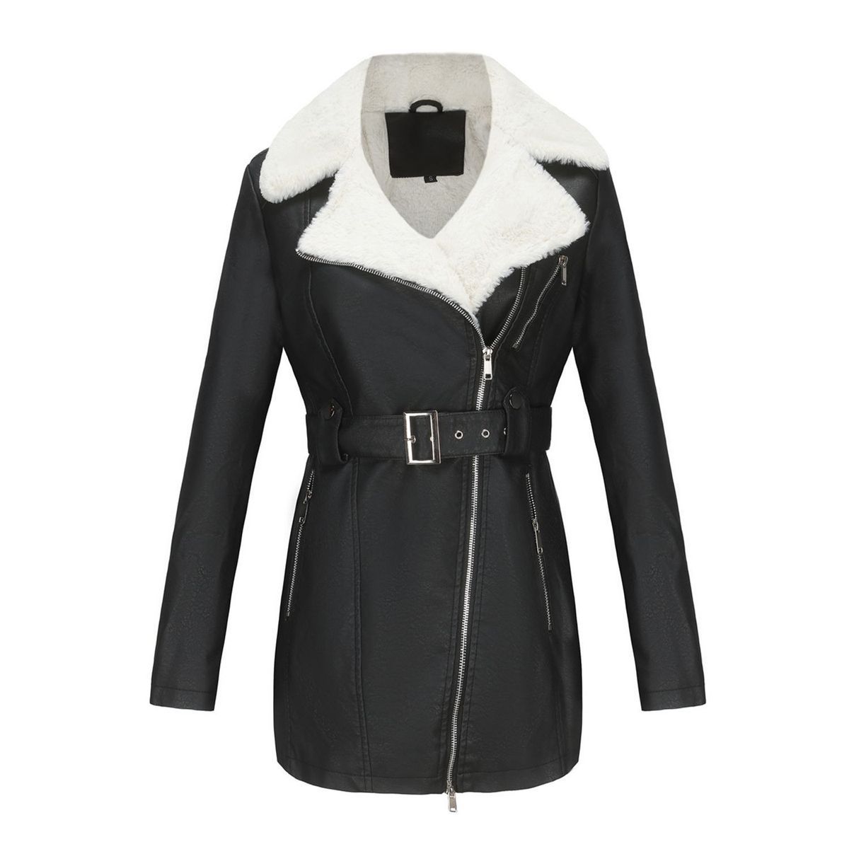 TIOZONEY - Abriigo de PU acolchada con cinturón para mujer - Negro