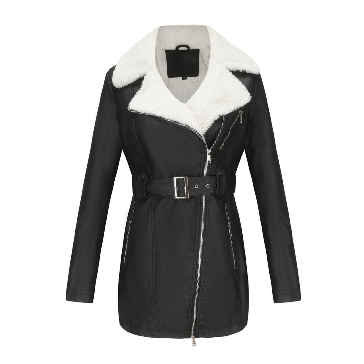 TIOZONEY - Abriigo de PU acolchada con cinturón para mujer - Negro