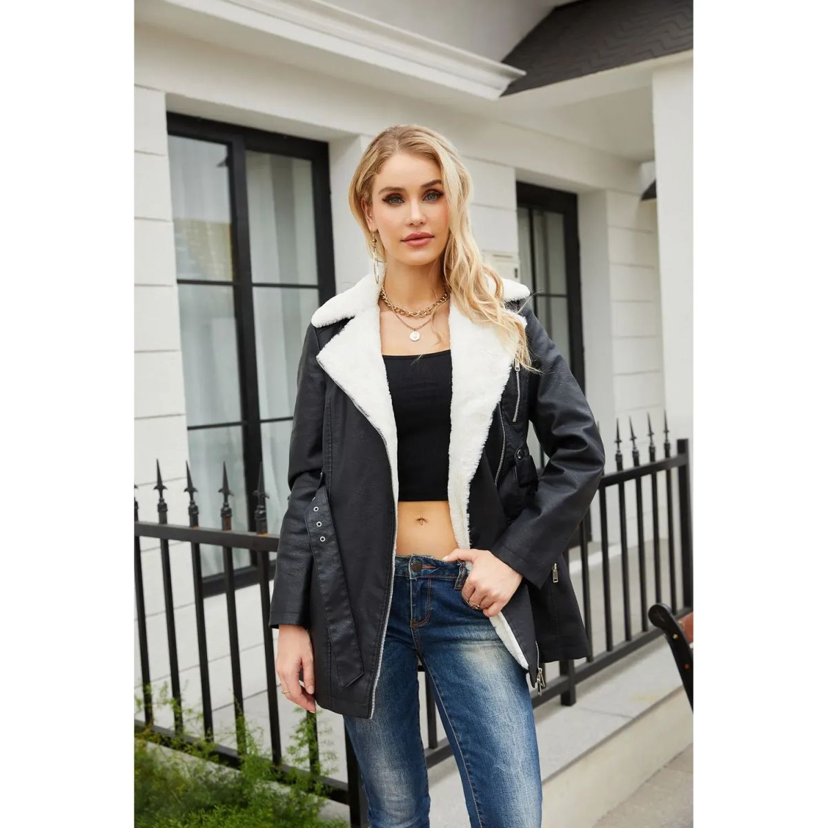 TIOZONEY - Abriigo de PU acolchada con cinturón para mujer - Negro