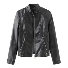 TIOZONEY - Chaqueta de PU con cuello para mujer - Negro