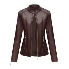 TIOZONEY - Chaqueta corta de PU para mujer- Café