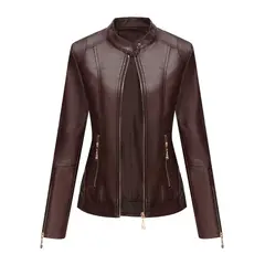TIOZONEY - Chaqueta corta de PU para mujer- Café