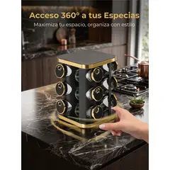 GENERICO - Especiero Giratorio Negro Dorado Premium 12 Frascos Vidrio Organizador Lujo Cocina Moderna