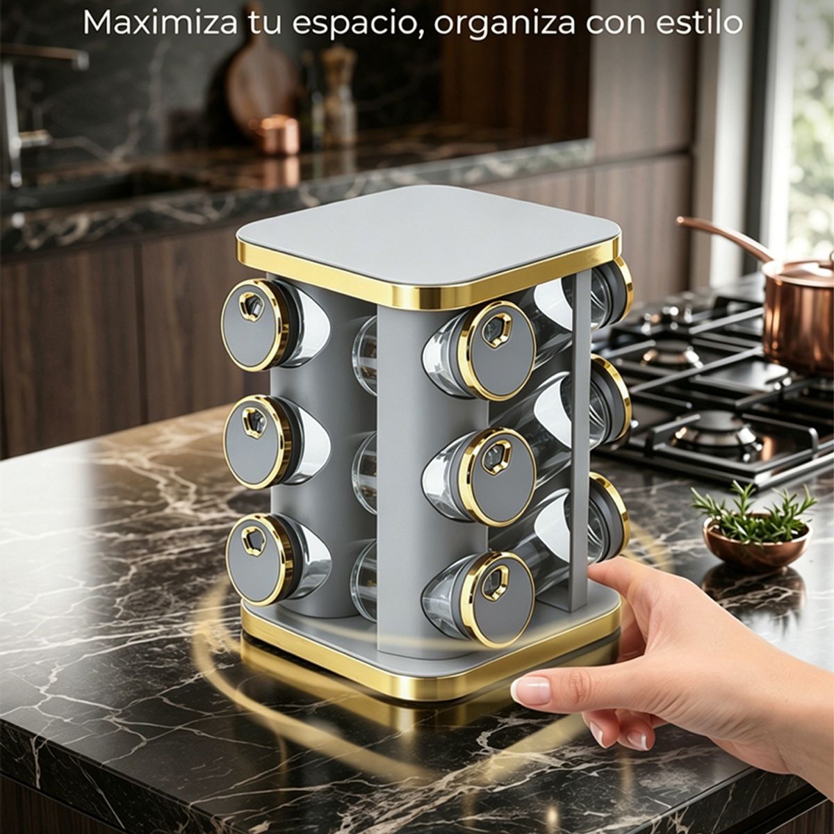 GENERICO - Especiero Giratorio Gris Dorado Premium 12 Frascos Vidrio Organizador Lujo Cocina Moderna