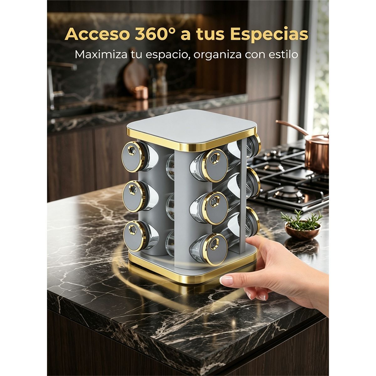 GENERICO - Especiero Giratorio Gris Dorado Premium 12 Frascos Vidrio Organizador Lujo Cocina Moderna