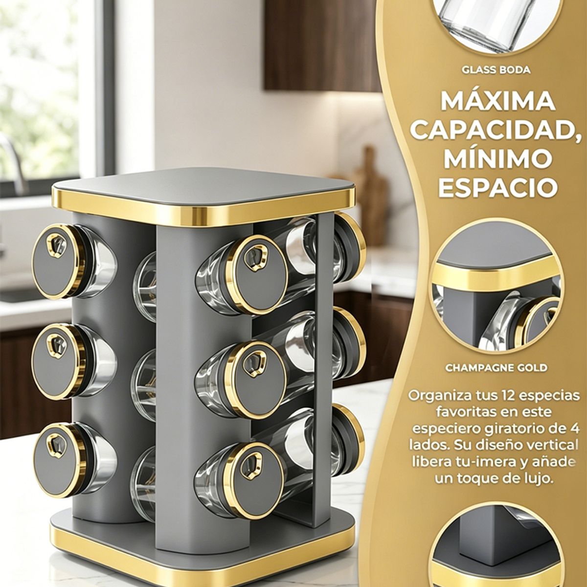 GENERICO - Especiero Giratorio Gris Dorado Premium 12 Frascos Vidrio Organizador Lujo Cocina Moderna