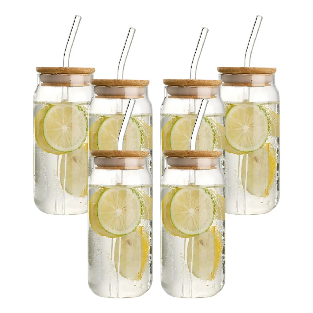 ATURE - Pack 6 Vasos Lata De Vidrio Con Bombilla Tapa De Bambu 550ml