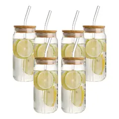 ATURE - Pack 6 Vasos Lata De Vidrio Con Bombilla Tapa De Bambu 550ml