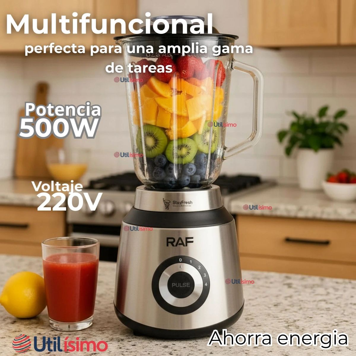 RAF - Licuadora Juguera Multifuncional 2 en 1 + Picadora y Jarra de Vidrio