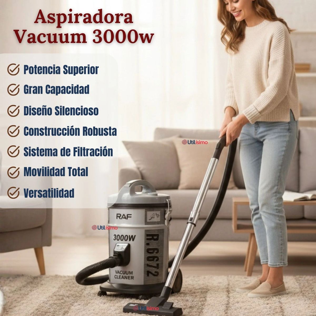 RAF - Aspiradora Vacuum Ciclónica Succión Fuerte 3000w Potente 25 Litros